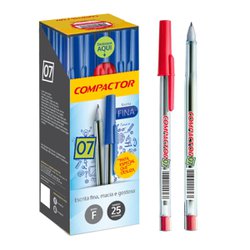 Caneta esferografica compactor 0.7mm fina vermelha com 25