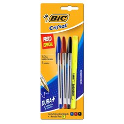 Kit caneta esferografica bic cristal dura + 1.0mm media sortida com marca texto