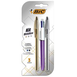 Kit caneta metalica bic 2 cristal celebration + caneta 4 cores