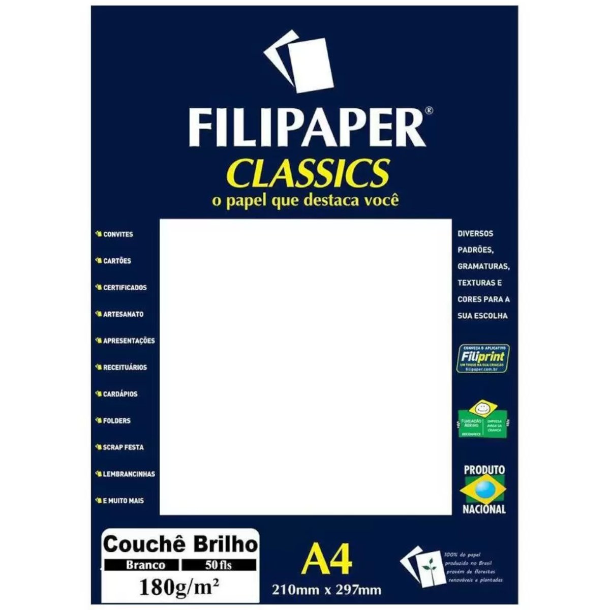 Papel Couche Filipaper Classics A4 Branco Brilho 180g 50 Folhas Br 2038